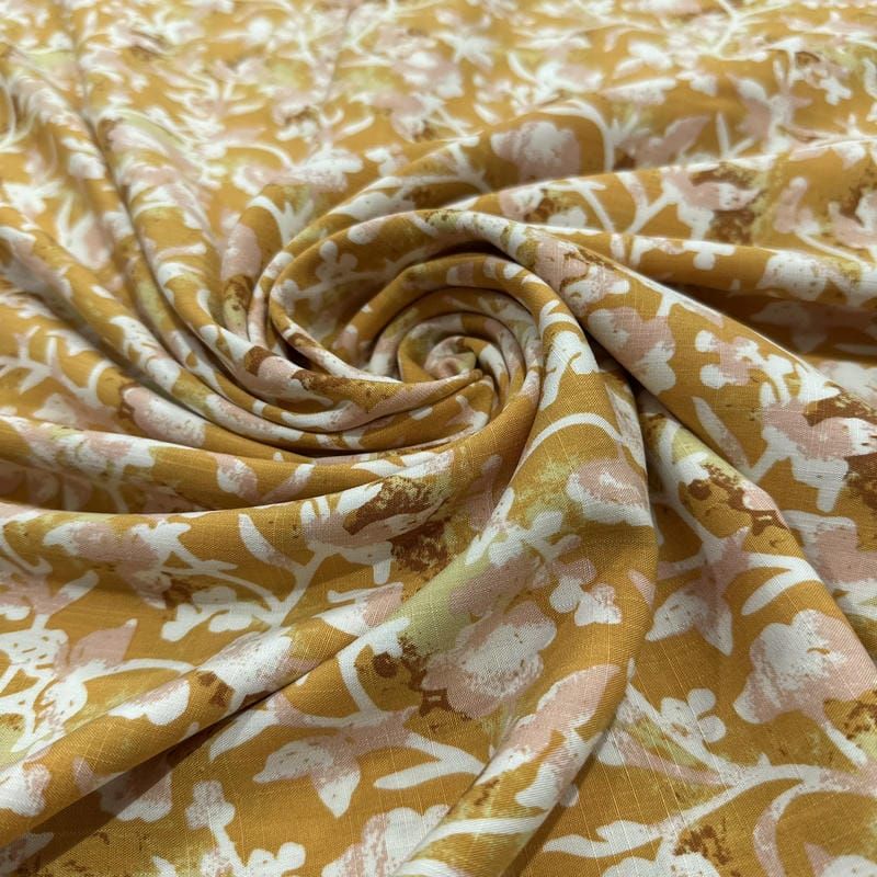 Tecido Viscolinho Estampado Bouquet Ocre Retrô • Luema Tecidos