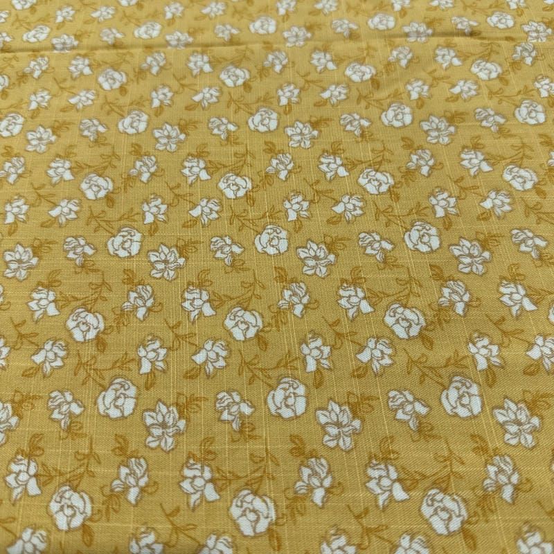 Tecido Viscolinho Estampado Micro Floral Mostarda • Luema Tecidos