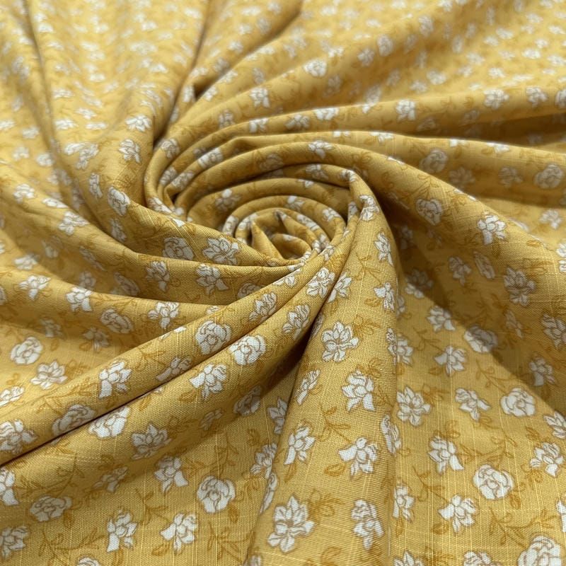 Tecido Viscolinho Estampado Micro Floral Mostarda • Luema Tecidos