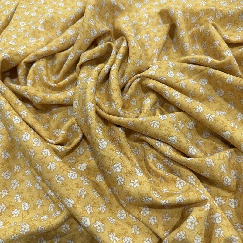 Tecido Viscolinho Estampado Micro Floral Mostarda • Luema Tecidos