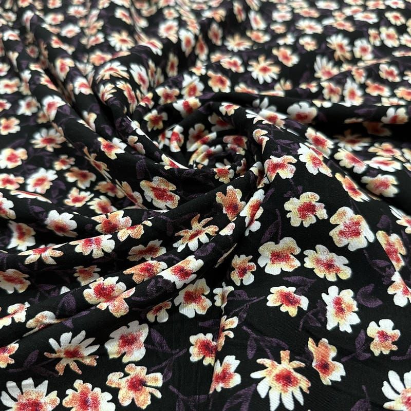 Tecido Viscolinho Estampado Margaridas Noir • Luema Tecidos