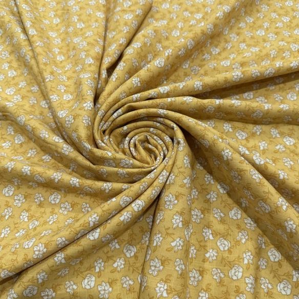 Tecido Viscolinho Estampado Micro Floral Mostarda • Luema Tecidos
