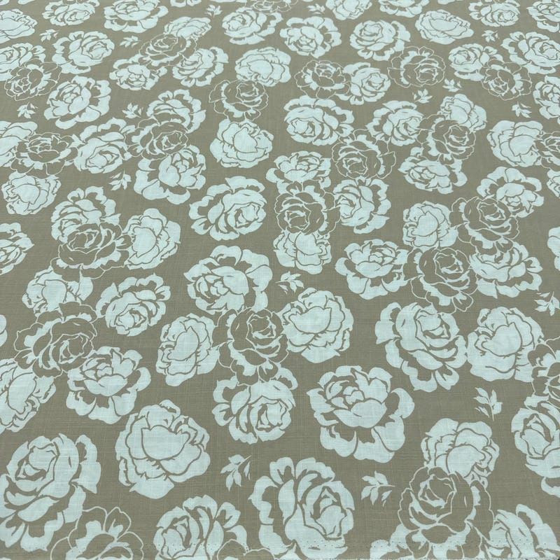 Tecido Viscolinho Estampado Rosas Taupe Elegance • Luema Tecidos