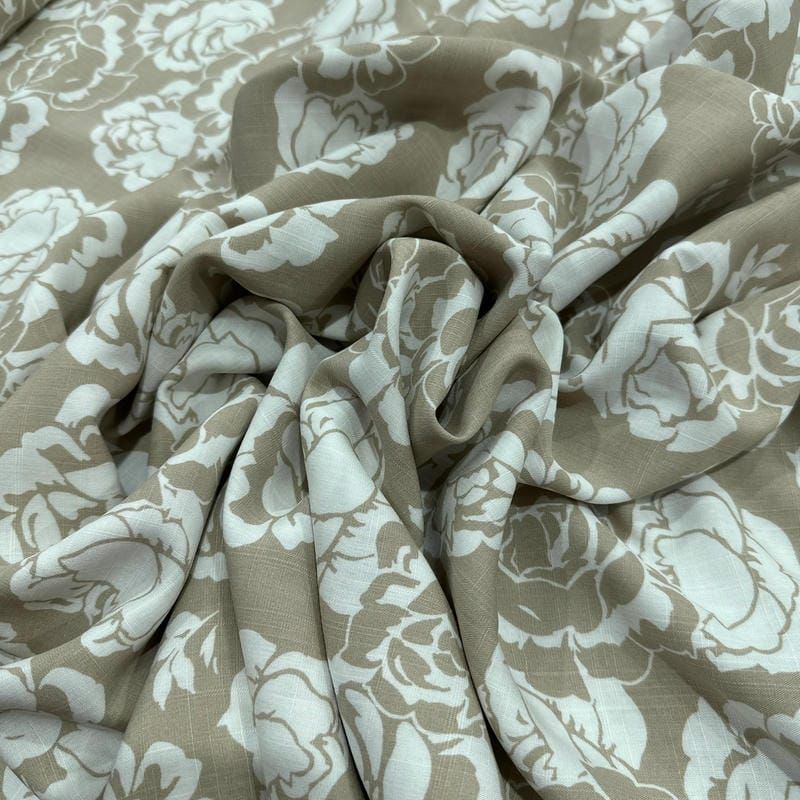 Tecido Viscolinho Estampado Rosas Taupe Elegance • Luema Tecidos
