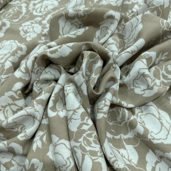 Tecido Viscolinho Estampado Rosas Taupe Elegance • Luema Tecidos