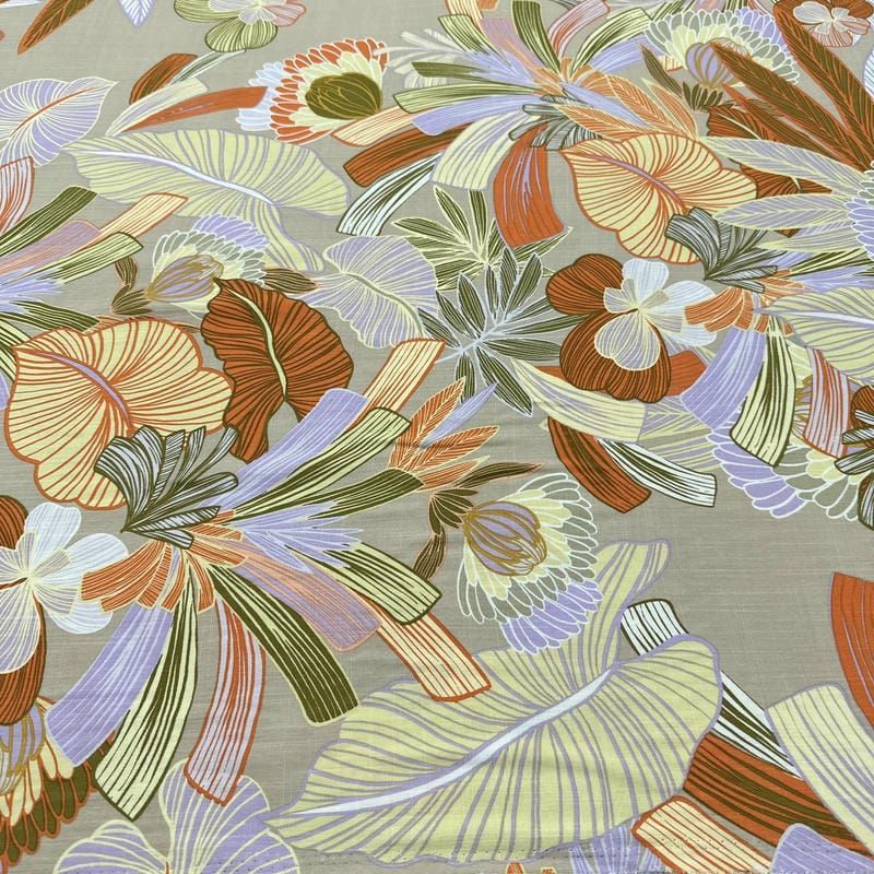 Tecido Viscolinho Estampado Folhagem Tropical Pastel • Luema Tecidos