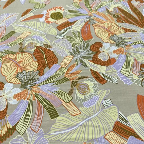 Tecido Viscolinho Estampado Folhagem Tropical Pastel • Luema Tecidos