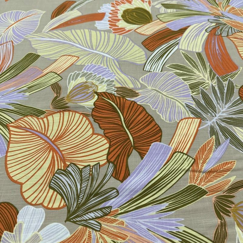 Tecido Viscolinho Estampado Folhagem Tropical Pastel • Luema Tecidos
