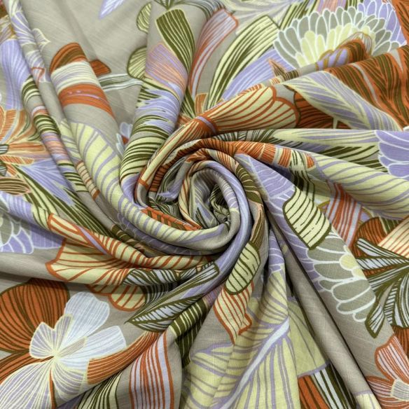 Tecido Viscolinho Estampado Folhagem Tropical Pastel • Luema Tecidos