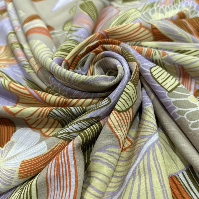 Tecido Viscolinho Estampado Folhagem Tropical Pastel • Luema Tecidos