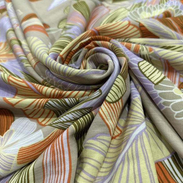 Tecido Viscolinho Estampado Folhagem Tropical Pastel • Luema Tecidos