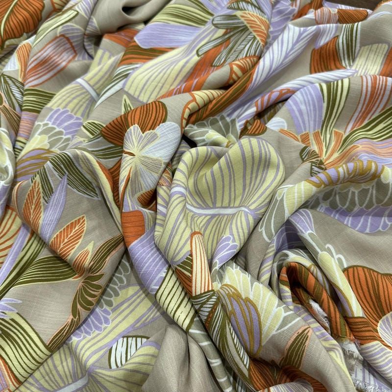 Tecido Viscolinho Estampado Folhagem Tropical Pastel • Luema Tecidos