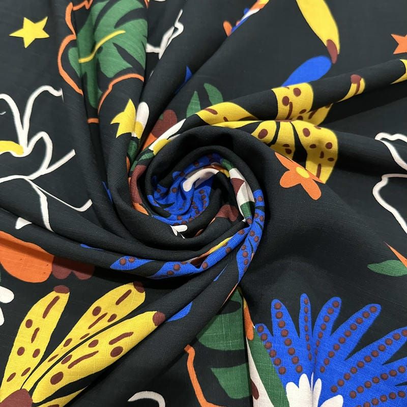 Tecido Viscolinho Estampado Araras Pop Art • Luema Tecidos