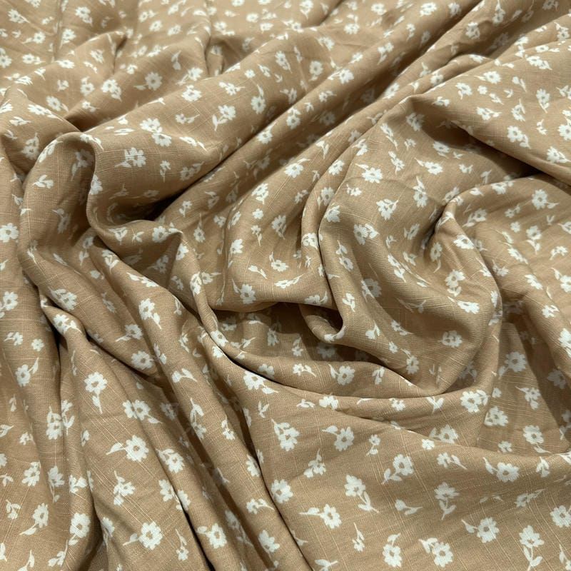 Tecido Viscolinho Estampado Margaridas Caramelo • Luema Tecidos