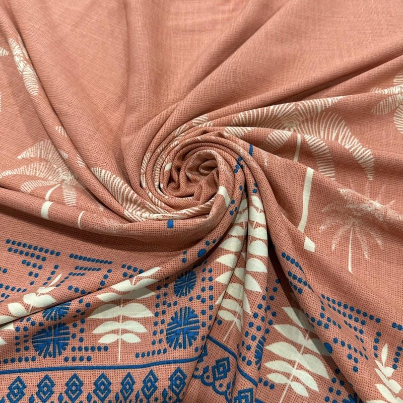Tecido Viscolinho Estampado Coqueiros e Barrado Étnico