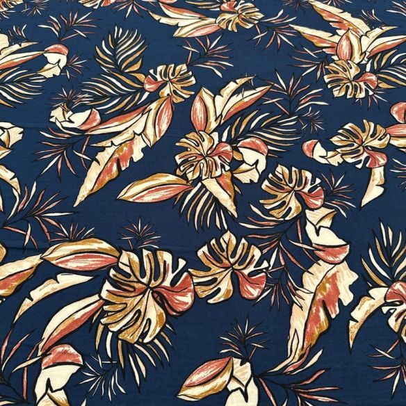 Tecido Liganete Estampada Tropical Abstrata Marinho • Luema Tecidos
