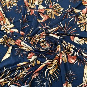Tecido Liganete Estampada Tropical Abstrata Marinho • Luema Tecidos
