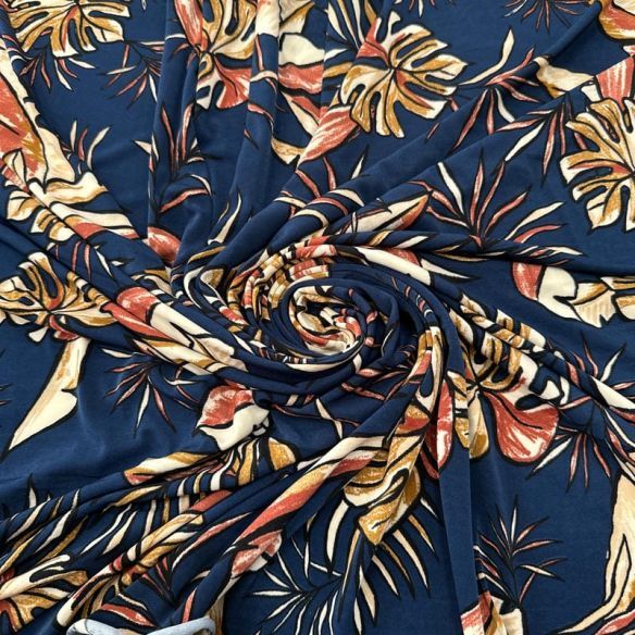 Tecido Liganete Estampada Tropical Abstrata Marinho • Luema Tecidos