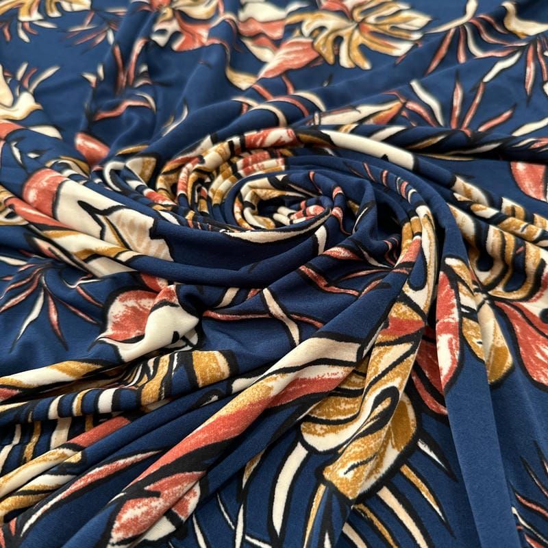 Tecido Liganete Estampada Tropical Abstrata Marinho • Luema Tecidos