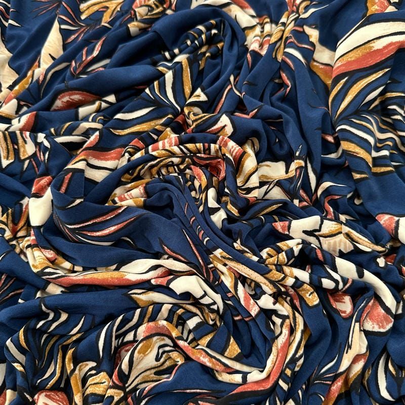 Tecido Liganete Estampada Tropical Abstrata Marinho • Luema Tecidos