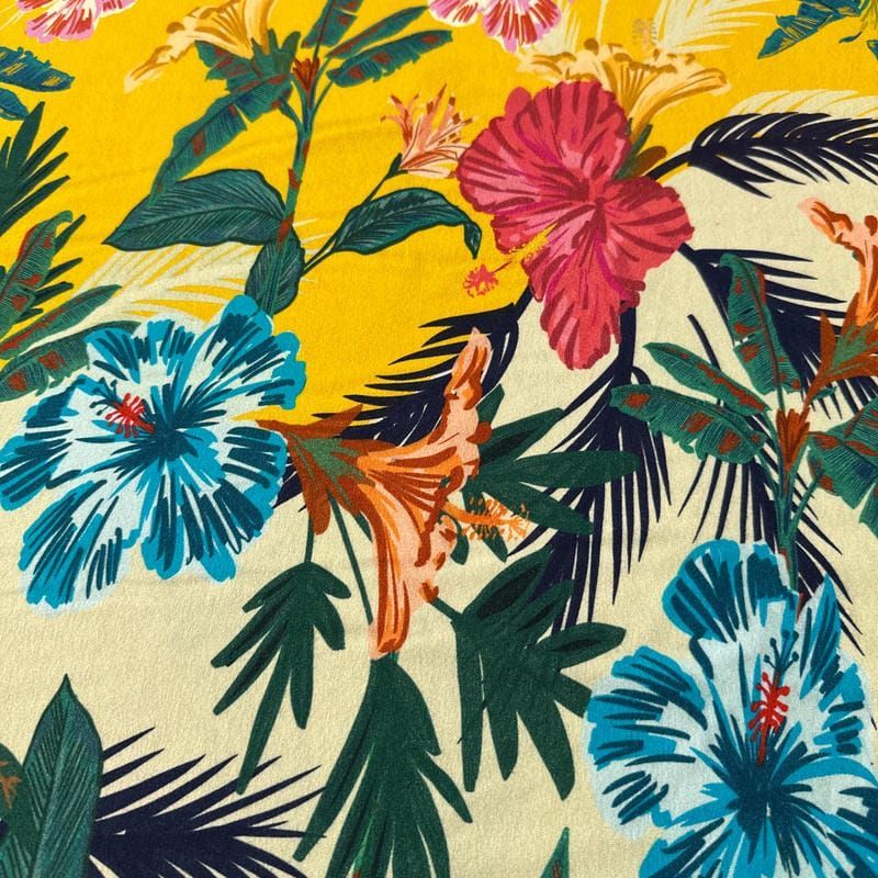 Tecido Viscolycra Estampada Tropical Havaiana • Luema Tecidos