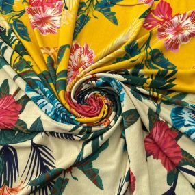 Tecido Viscolycra Estampada Tropical Havaiana • Luema Tecidos