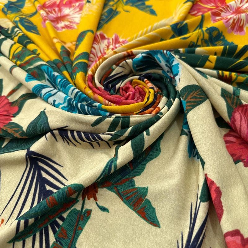 Tecido Viscolycra Estampada Tropical Havaiana • Luema Tecidos