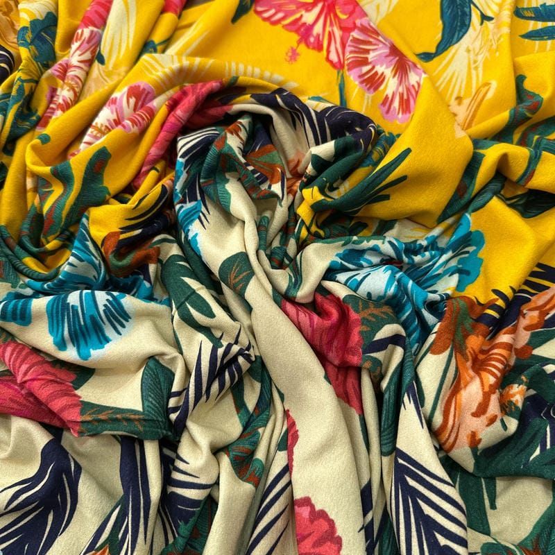 Tecido Viscolycra Estampada Tropical Havaiana • Luema Tecidos