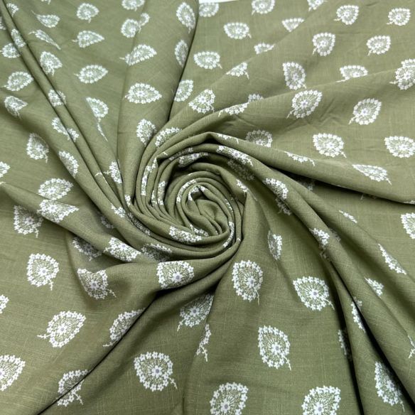 Tecido Viscolinho Estampado Paisley Verde Harmonia • Luema Tecidos