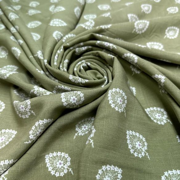 Tecido Viscolinho Estampado Paisley Verde Harmonia • Luema Tecidos