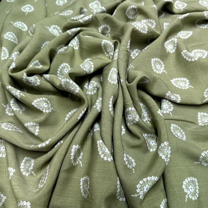 Tecido Viscolinho Estampado Paisley Verde Harmonia • Luema Tecidos