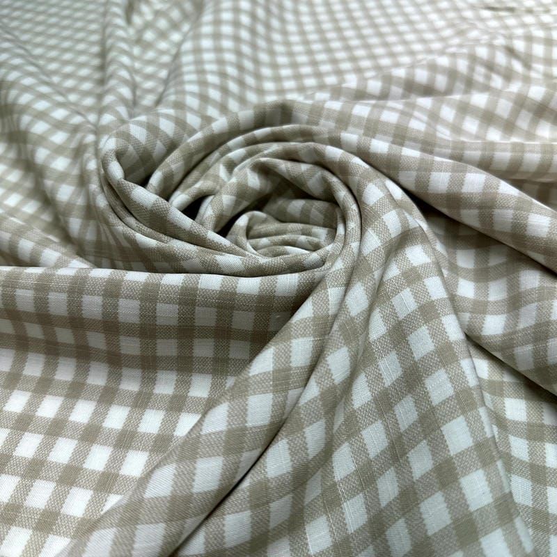 Tecido Viscolinho Estampado Xadrez Bege Natural • Luema Tecidos