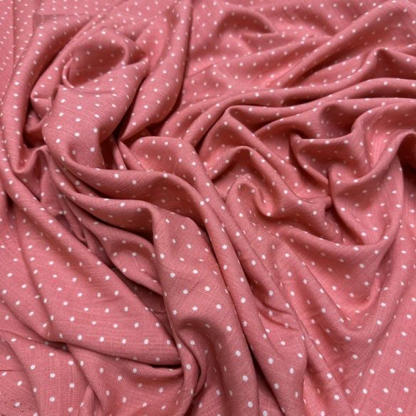 Tecido Viscolinho Estampado Micro Poá Rosa Sandía • Luema Tecidos