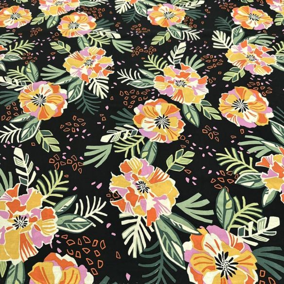 Tecido Viscose Estampada Floral Tropical Fundo Preto • Luema Tecidos