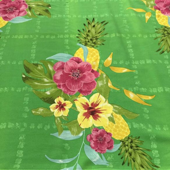 Tecido Viscose Estampada Tropical Abacaxis e Flores Fundo Verde • Luema Tecidos