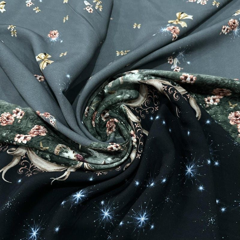 Tecido Viscose Estampada Barrada Conto Encantado Fundo Preto • Luema Tecidos