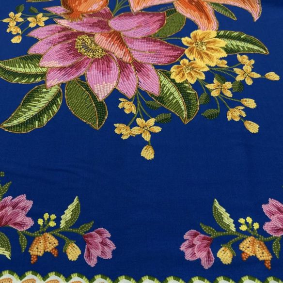 Tecido Viscose Estampada Floral Barrada Fundo Azul Royal • Luema Tecidos