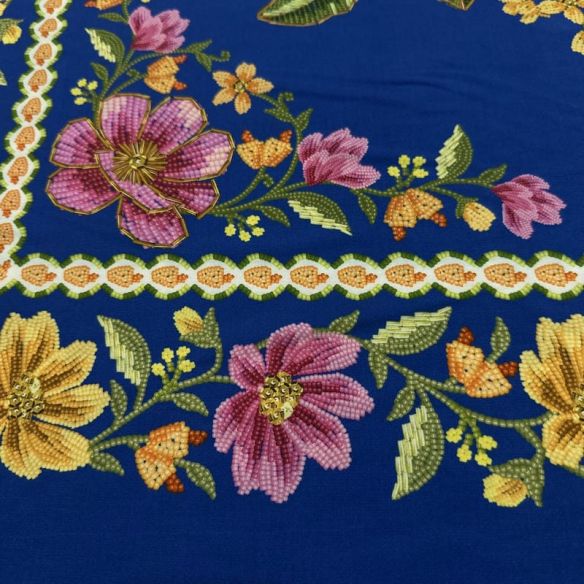 Tecido Viscose Estampada Floral Barrada Fundo Azul Royal • Luema Tecidos