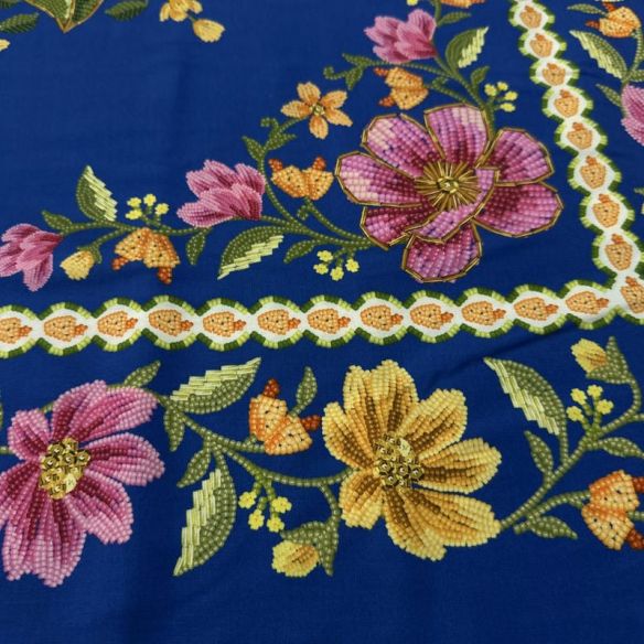 Tecido Viscose Estampada Floral Barrada Fundo Azul Royal • Luema Tecidos