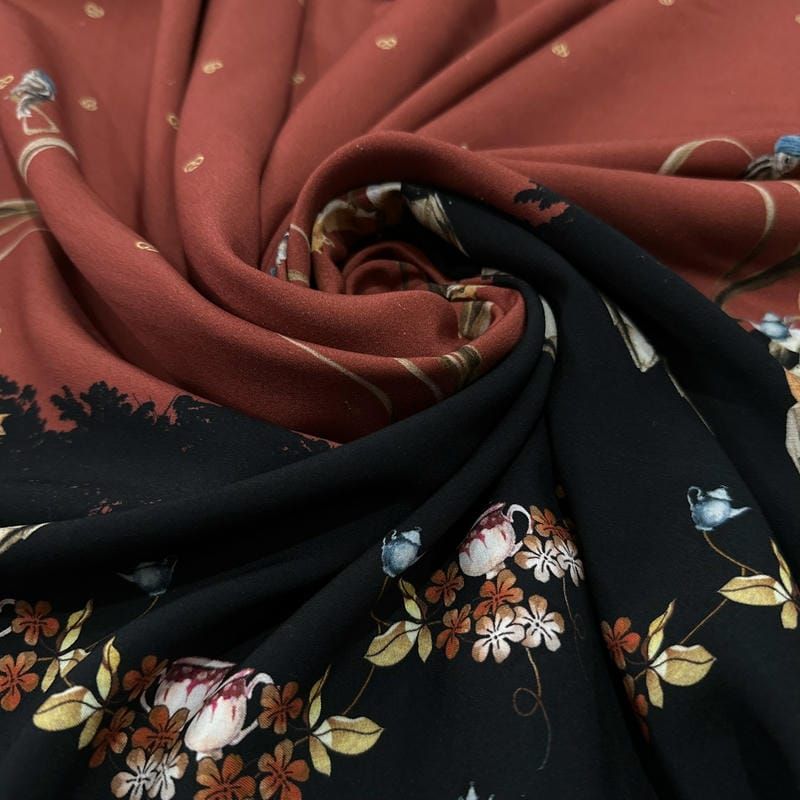 Tecido Viscose Estampada Barrada Raposas Fundo Terracota e Preto • Luema Tecidos