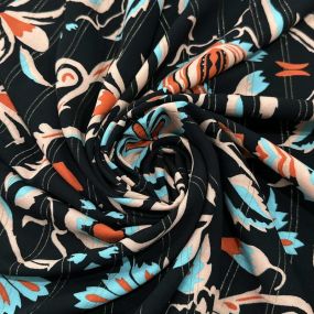 Tecido Viscose Estampada Floral Arabesco Fundo Preto Com Lurex • Luema Tecidos