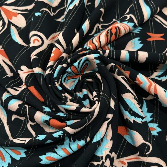 Tecido Viscose Estampada Floral Arabesco Fundo Preto Com Lurex • Luema Tecidos