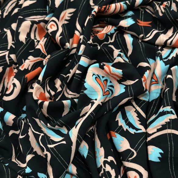 Tecido Viscose Estampada Floral Arabesco Fundo Preto Com Lurex • Luema Tecidos