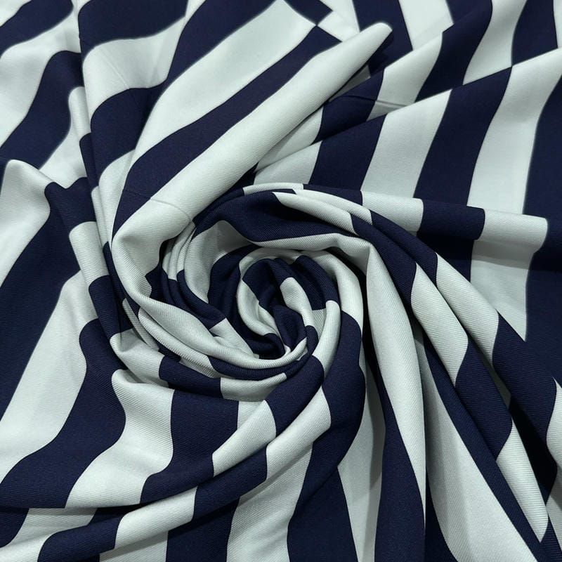 Tecido Viscose Estampada Listrada Azul Marinho e Off White • Luema Tecidos