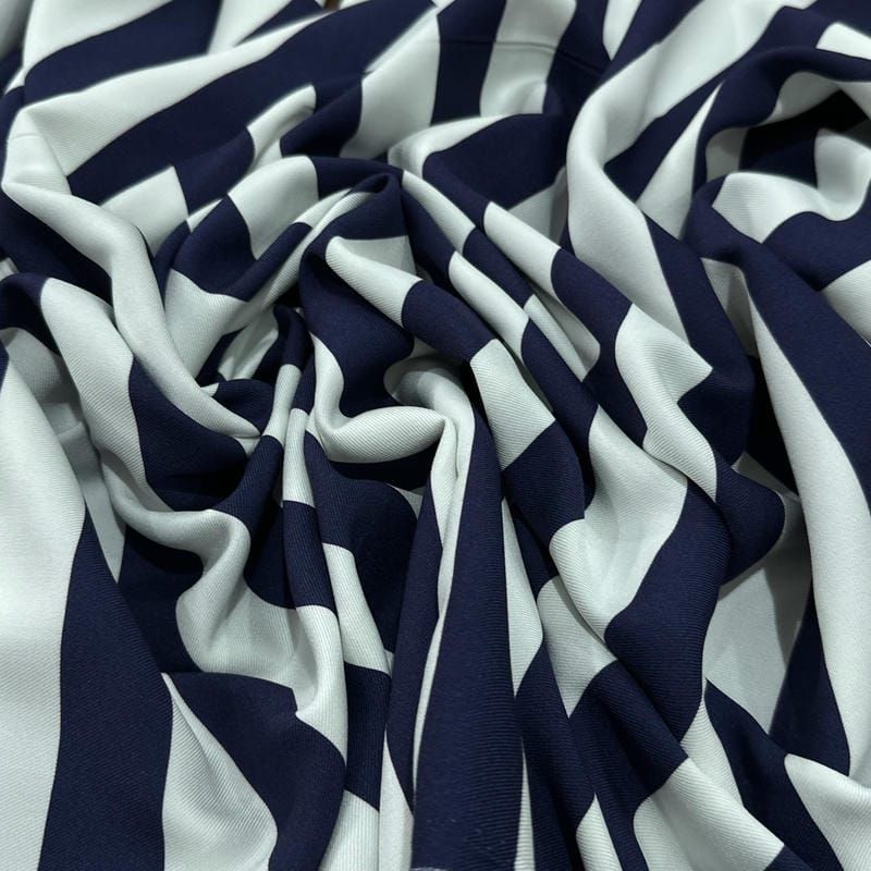 Tecido Viscose Estampada Listrada Azul Marinho e Off White • Luema Tecidos