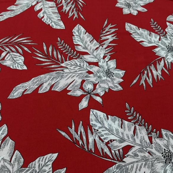 Tecido Viscose Estampada Folhagem Tropical Fundo Vermelho • Luema Tecidos