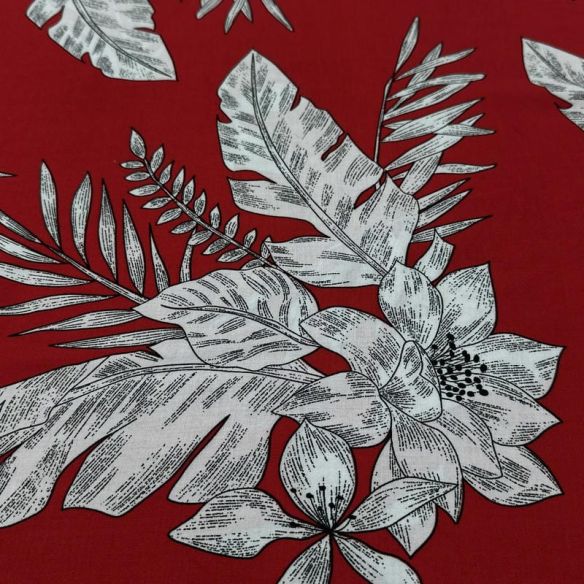 Tecido Viscose Estampada Folhagem Tropical Fundo Vermelho • Luema Tecidos