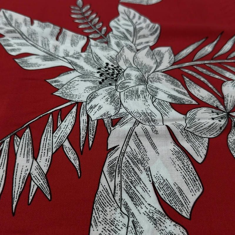Tecido Viscose Estampada Folhagem Tropical Fundo Vermelho • Luema Tecidos