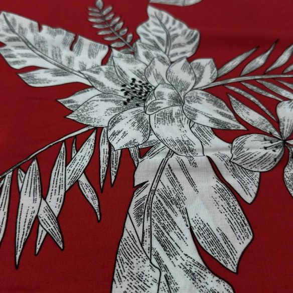 Tecido Viscose Estampada Folhagem Tropical Fundo Vermelho • Luema Tecidos