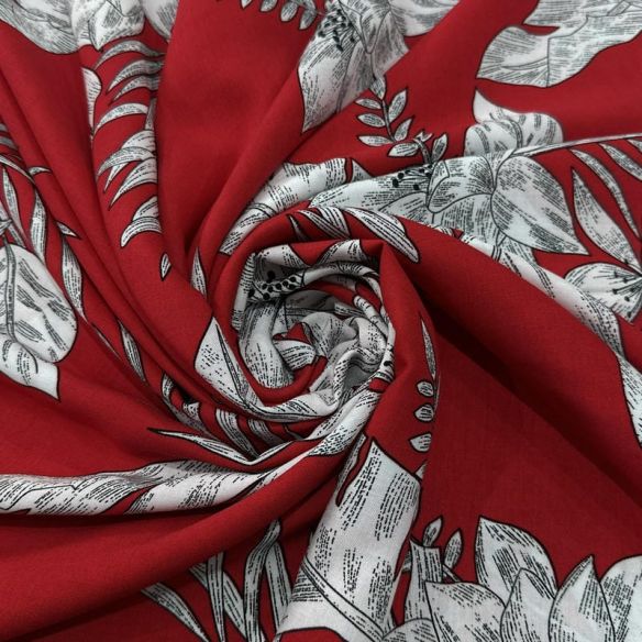 Tecido Viscose Estampada Folhagem Tropical Fundo Vermelho • Luema Tecidos